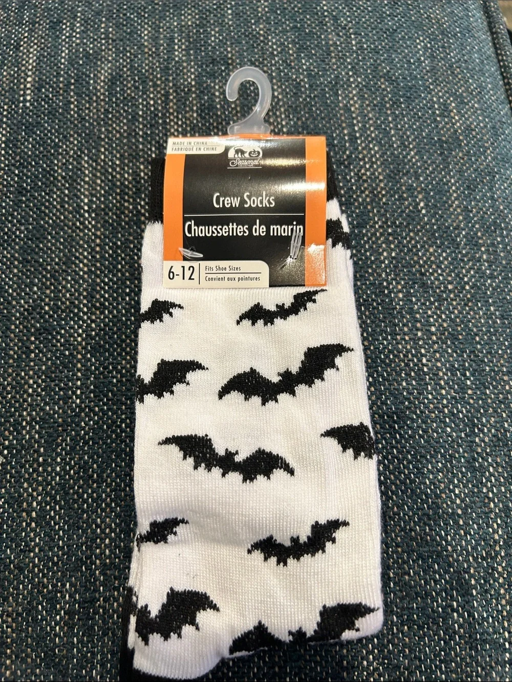 Women's Crew Socks - White with Black Bat Pattern
